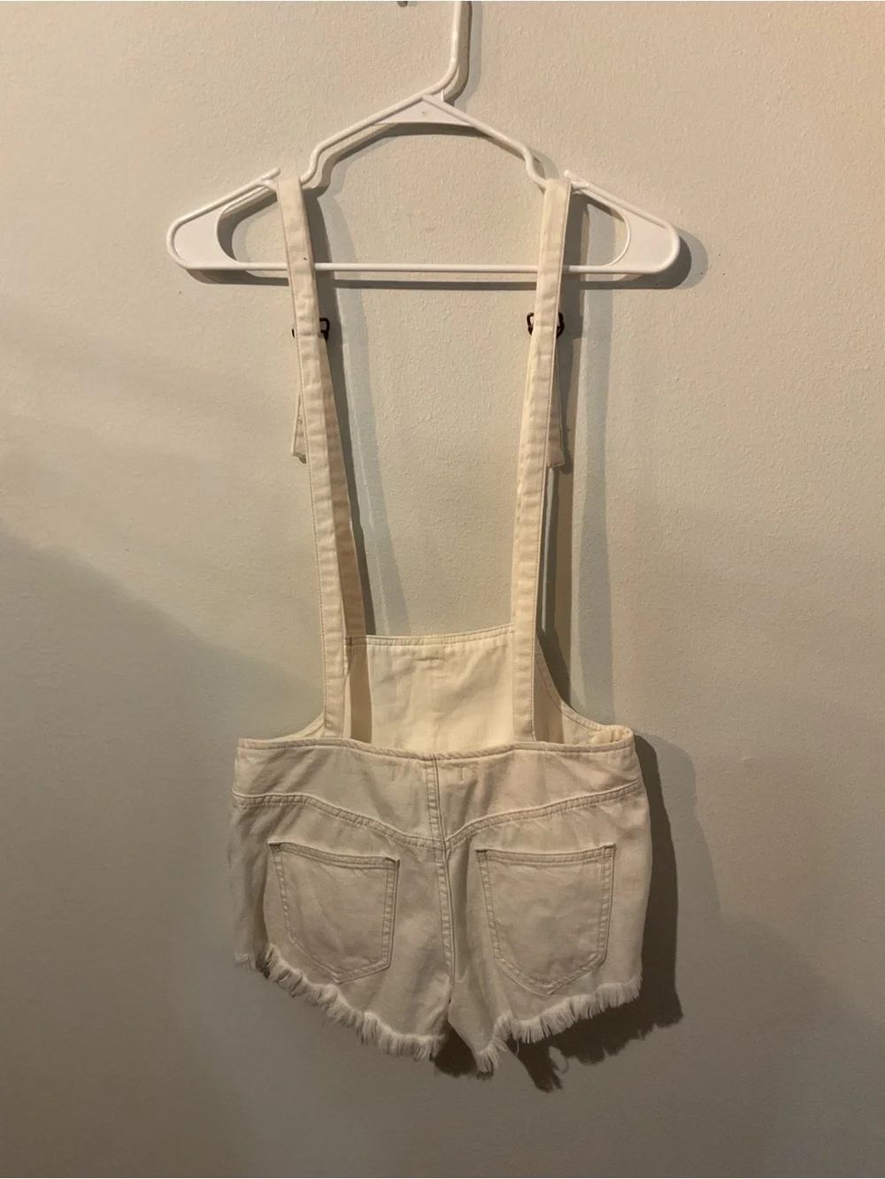 We the Free (Free People) White Cream Denim Suspender Shortalls Raw Hem- size 24